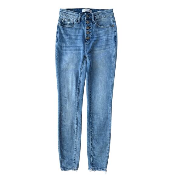 Judy Blue Denim - Judy Blue Skinny Jeans Distressed Button Fly Mid Rise Stretch Denim Size 3